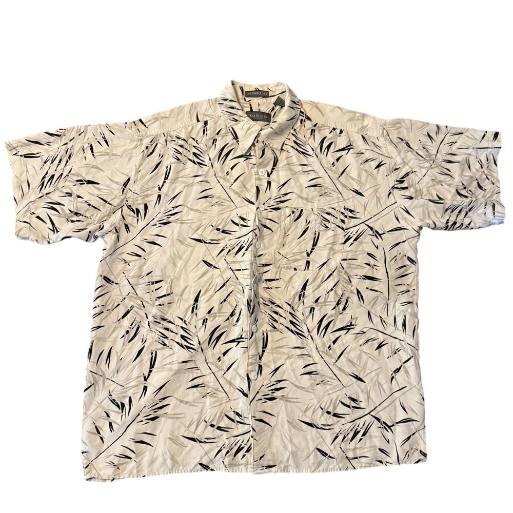 Van Heusen Washable Silk Hawaiian Shirt L Leaf Print Beige‎ Black Short Sleeve